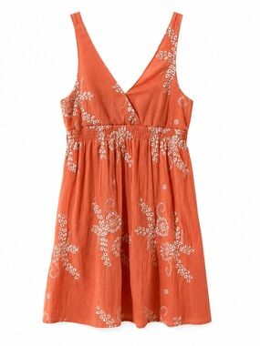 SES peach dress white embroidery sleeveless V-neck empire waist flowy fit